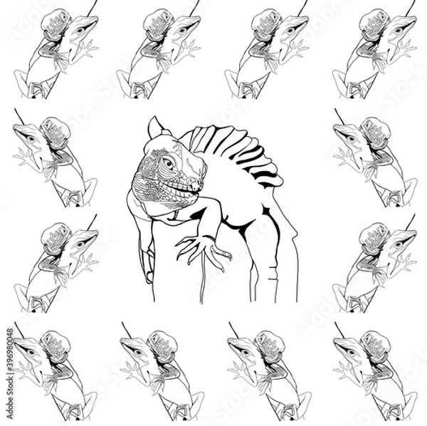 Obraz Pattern. Reptiles. Geckos are mammals. Lizards. Background. Stylish creative illustration for packaging, printing, banners. Trend. Cartoon character. For printing and design of advertising materials