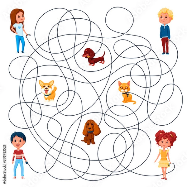 Fototapeta Four children walk with their pets on leashes. Guess which of them is walking the kitten? Children's picture puzzle with a maze of entangled lines.