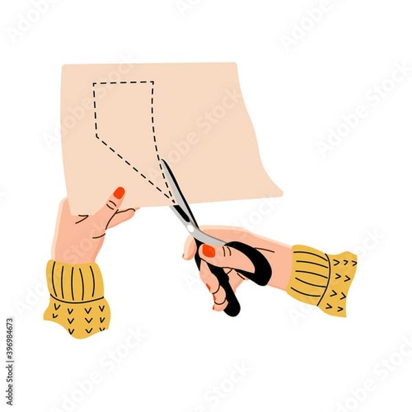 Fototapeta Vector illustration of female hands cutting fabric or paper with scissors. Seamstress hands in a flat design. Creative hobby. Isolated