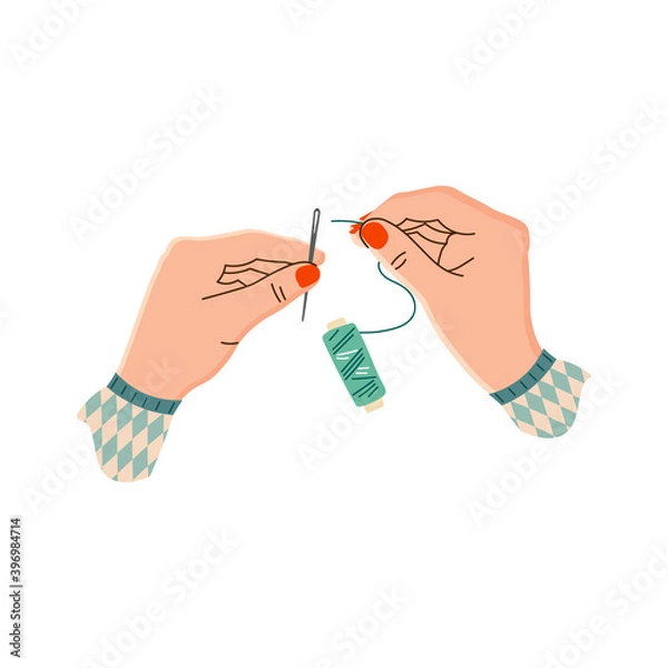Fototapeta Vector illustration of women's hands holding a thread and needle. Hands of a seamstress in flat design. A spool of green thread and red-orange nails. Creative hobby. Isolated on a white background 