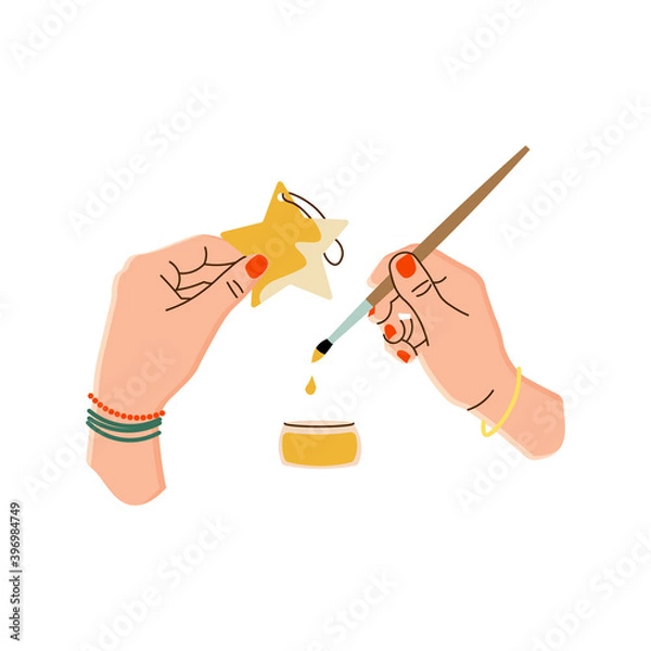 Fototapeta Vector illustration of women's hands with a brush and paint. Hobby activity. Appliques made of paper, painting. Hands of a needlewoman in a flat design. Creative hobby. Isolated on a white background.
