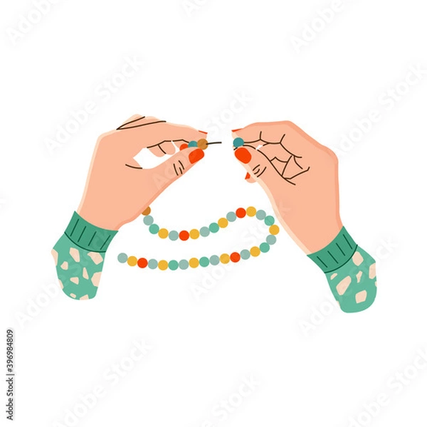 Fototapeta Vector illustration of women's hands with beads and stringing on a string. The manufacture of beads. Hands of a needlewoman in a flat design. Creative hobby. Isolated on a white background.