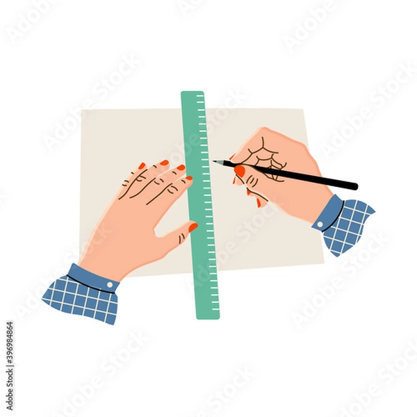 Fototapeta Vector illustration. Women's hands hold a ruler and pencil, draw on paper or fabric. Hands of a needlewoman in a flat pattern. Creative hobby. Isolated on a white background
