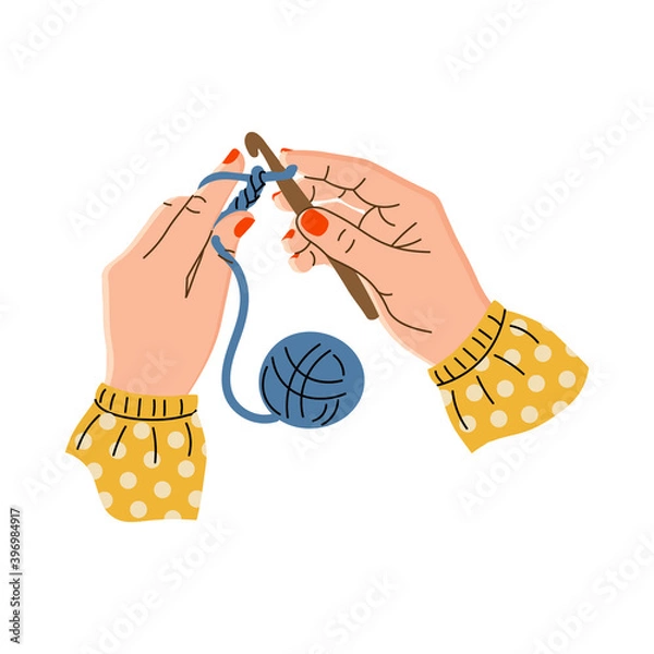 Fototapeta Women's hands hold the hook and yarn. Hands of a needlewoman. Crocheting. Vector illustration of a flat design. Creative hobby. Isolated on a white background