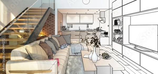 Obraz Modern Mansarde Apartment with Stairs (project) - panoramic 3d visualization