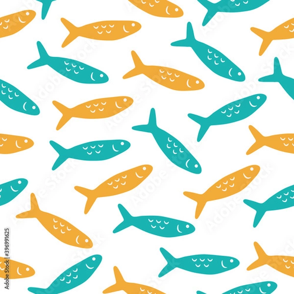 Fototapeta Seamless pattern with hand drawn cute colorful fish on a white background. Doodle, simple illustration. It can be used for decoration of textile, paper and other surfaces.