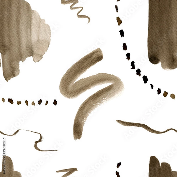 Fototapeta Watercolor abstract hand drawn seamless pattern with sepia and umbra textured shapes, lines and dots.