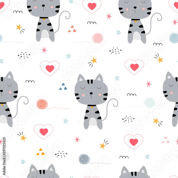 Fototapeta Cute cat with heart icon Seamless pattern hand drawn in childish style, use for print, wallpaper, fabric pattern, textiles. Vector illustration