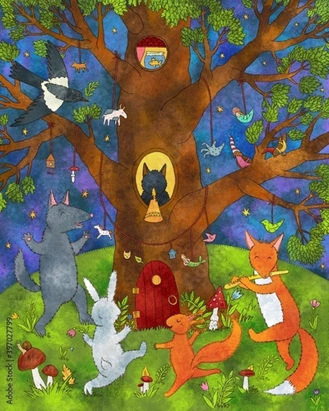 Obraz Cheerful animals are dancing in the forest. Vivid digital illustration. Cute illustration for the decor and design of posters, postcards, prints, stickers, invitations, textiles and stationery.