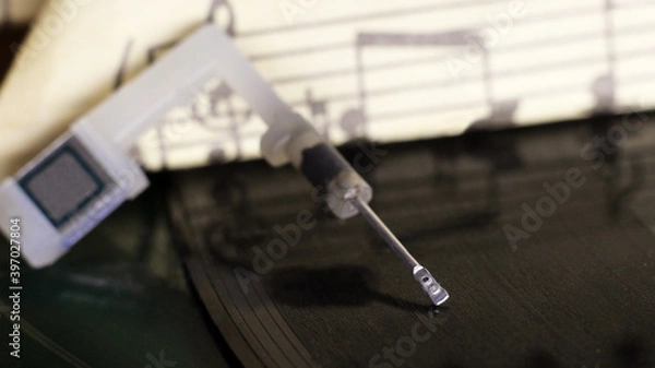 Fototapeta Needle for old-fashioned record player and vinyl, macro