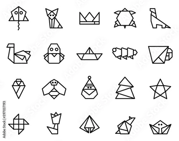 Fototapeta Simple set of origami papercraft icons vector on white background.