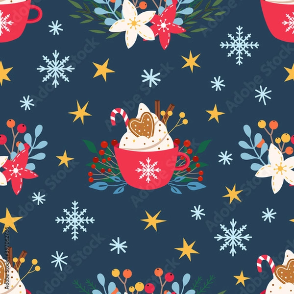 Fototapeta Vector seamless pattern with winter flowers, decorations - hot chocolate, gingerbread, snowflakes. Christmas, New Year background for wallpaper, wrapping paper, textile, fabric. Isolated illustration.