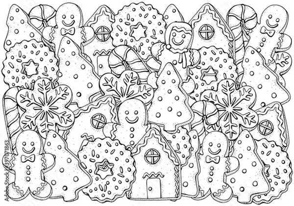Fototapeta Christmas gingerbread cookies, holiday baking. Pattern with winter hand-drawn decorative elements in vector. Coloring book page for adults. Black and white.