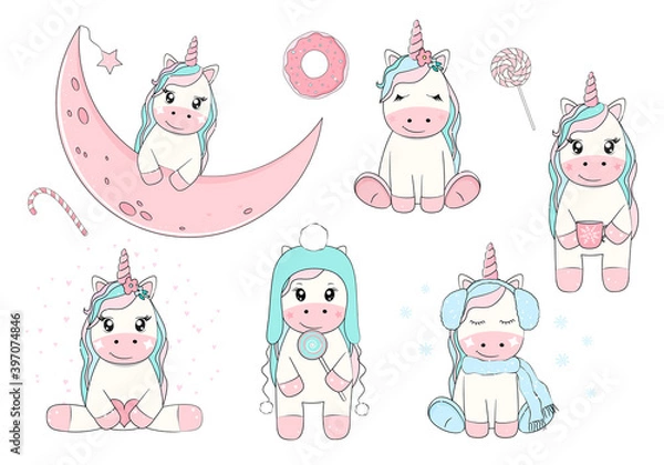 Fototapeta Set of cute unicorns in cartoon style. Vector illustration.
