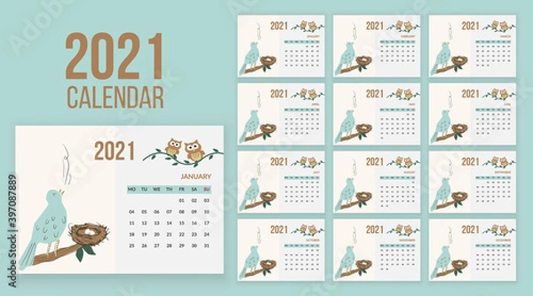 Obraz Bird illustrated desk 12 page calendar for 2021