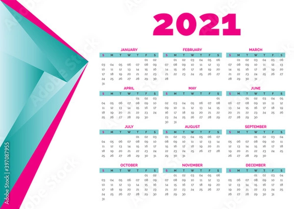 Fototapeta Colorful abstract desk one page calendar for 2021