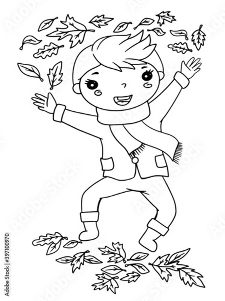 Fototapeta boy jumps scattering leaves autumn having fun happy baby illustration vector stroke outline graphic isolate on white background icon print