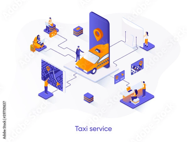 Fototapeta Taxi service isometric web banner. Web application for online taxi order isometry concept. Booking service 3d scene, passenger transportation flat design. Vector illustration with people characters.