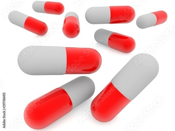 Fototapeta Medicinal tablets white with red on white