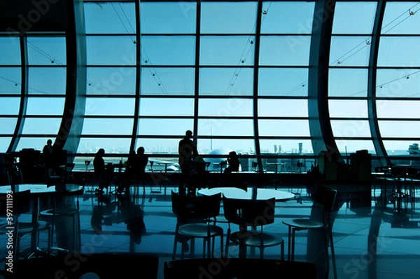 Obraz Silhouette in the Airport Terminal Lounge Viewing Plane