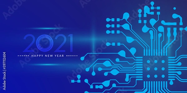 Fototapeta 2021. Happy new year 2021 text design with circuit board technology background