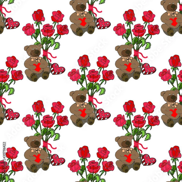 Fototapeta Valentine's seamless pattern with red roses and Valentine's bear