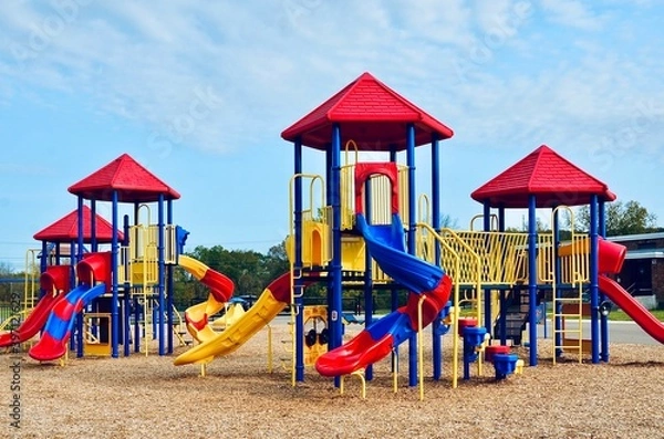 Fototapeta Colorful playground in the elementary school, New York. Empty due to Covid-19 pandemic, October 2020