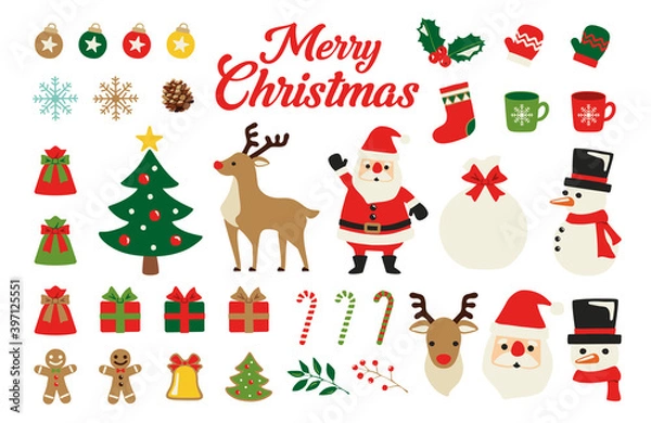Fototapeta Christmas collection of seasonal elements with Santa and snowman, hand drawn items, vector design