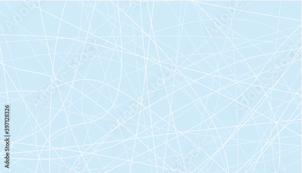 Fototapeta Geometry, abstract background. White stripes of different sizes are drawn in a chaotic direction on a light blue background. Skate tracks on the ice. Winter modern wallpaper.