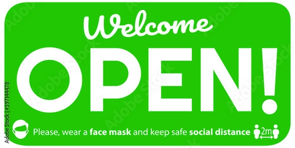 Fototapeta Social distancing concept for preventing coronavirus covid-19 with wording Welcome open in white color on green background
