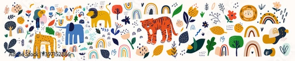Fototapeta Decorative abstract horizontal banner with colorful doodles. Hand-drawn Abstract doodles. Baby animals pattern. Fabric pattern. Vector illustration with cute animals. Nursery baby pattern illustration