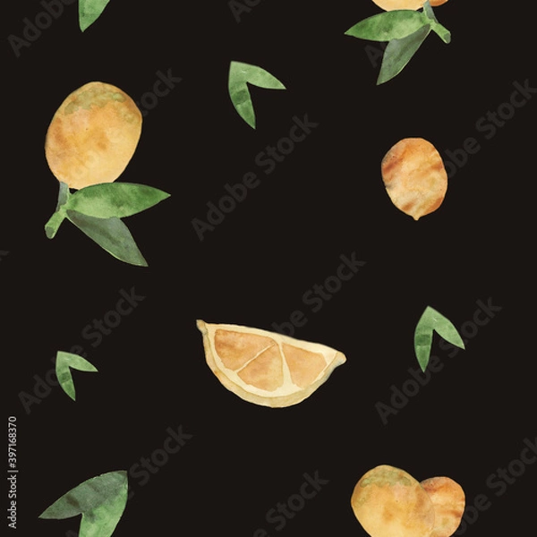 Obraz Pattern with lemons and leaves on black background