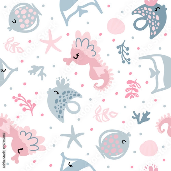 Obraz Seamless pattern with fish and seahorses