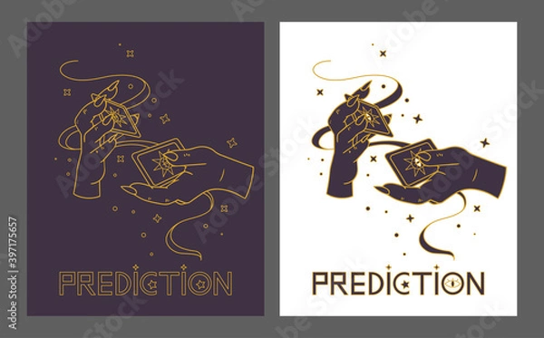 Fototapeta Logo for a tarot reader, print for souvenirs, a set of drawings about tarot card. Fortune telling on tarot cards, fortuneteller, witch, female hand, magic, love spell, occultism, prediction, esoteric