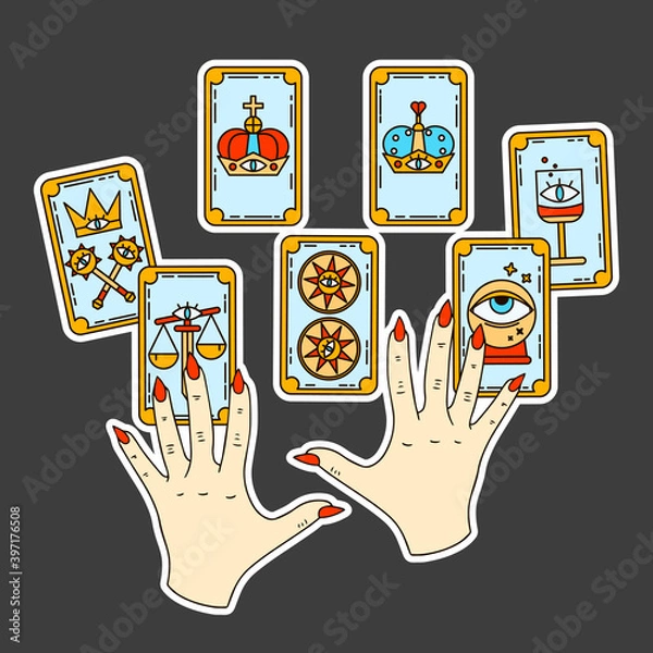 Fototapeta Logo for a tarot reader, print for souvenirs, a set of drawings about tarot card. Fortune telling on tarot cards, fortuneteller, witch, female hand, magic, love spell, occultism, prediction, esoteric