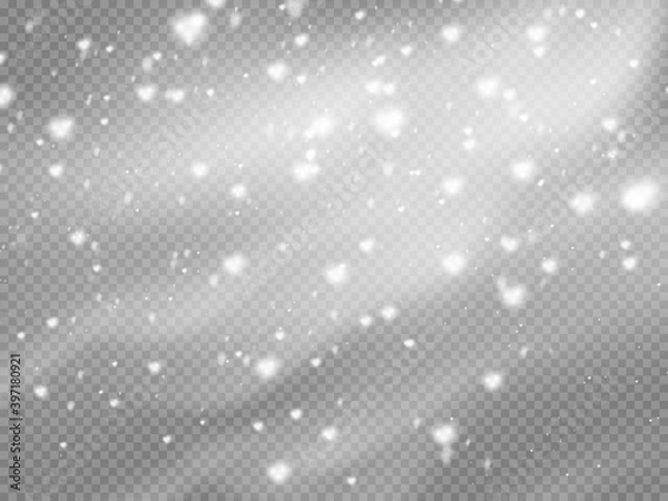 Fototapeta Christmas snow. Falling snowflakes on transparent background. Snowfall. Vector illustration.