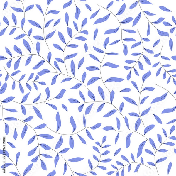 Obraz Delicate blue branches and leaves silhouette seamless pattern. Hand drawn background for wrapping scrapbooking paper banner. Scandinavian style. Stock vector flat illustration isolated on white
