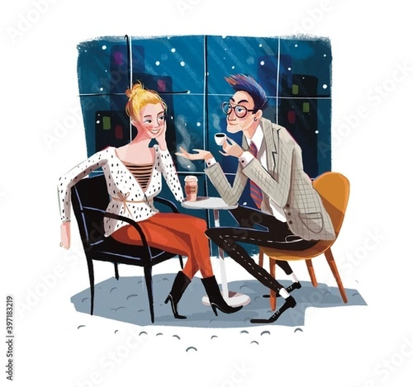 Fototapeta couple sitting in a cafe chatting and drinking coffee with a night window behind