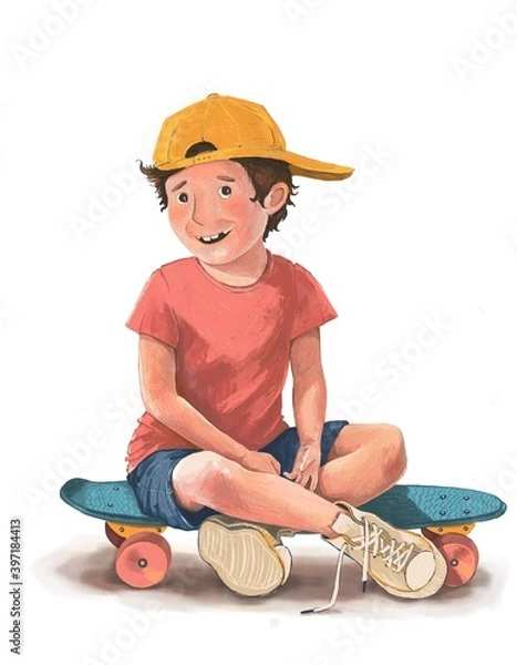 Fototapeta a young caucasian boy wearing a yellow hat, red teeshirt and blue short  sitting on his skateboard - hand drawn illustration on white background