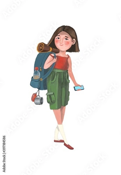 Obraz ona cute caucasian child girl with brown hair wearing red teeshirt and green short with hiking equipment and backpack going on hiking with a mobile phone in her hand - hand drawn illustration 