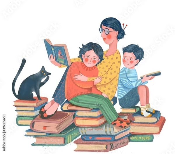Fototapeta mother with two children and a black cat sitting on a pile of books and reading a story - hand drawn illustration on white background