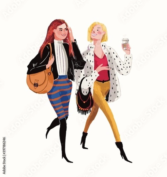 Fototapeta two young caucasian women walking, chatting and drinking coffee - hand drawn illustration on white background