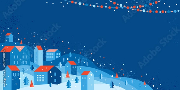 Fototapeta Urban landscape in a geometric minimal flat style. New year and Christmas winter city among snowdrifts, falling snow, trees and festive garlands. Abstract horizontal banner with space for the text
