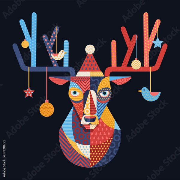 Fototapeta Merry Christmas and Happy New Year illustration of a cute deer. Colorful deer. Vector illustration