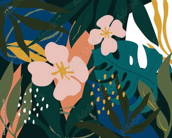 Fototapeta Artistic seamless pattern with abstract leaves and flowers, tropical plants. Modern vector design for paper, cover, fabric, interior decor and other users. Seamless. Vector pattern.
