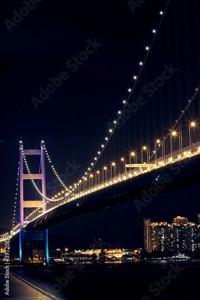 Fototapeta Tsing Ma Bridge in Hong Kong at night