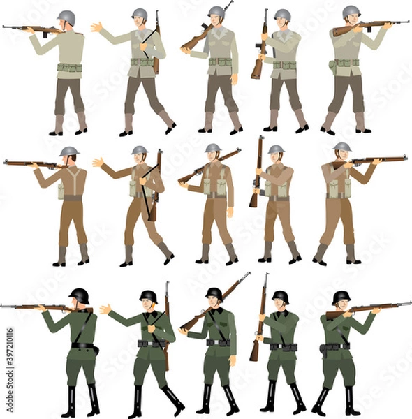 Fototapeta World War Two Soldier Set, American, British and SS German, WW2 Troop, Rifle M1 Garrand, Lee Enfield and Mauser Gun - Vector