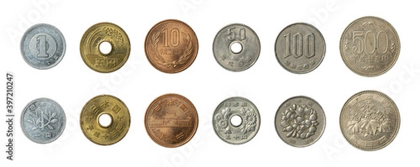 Fototapeta Set of all japanese yen coins isolated on a white background obverse and reverse sides.