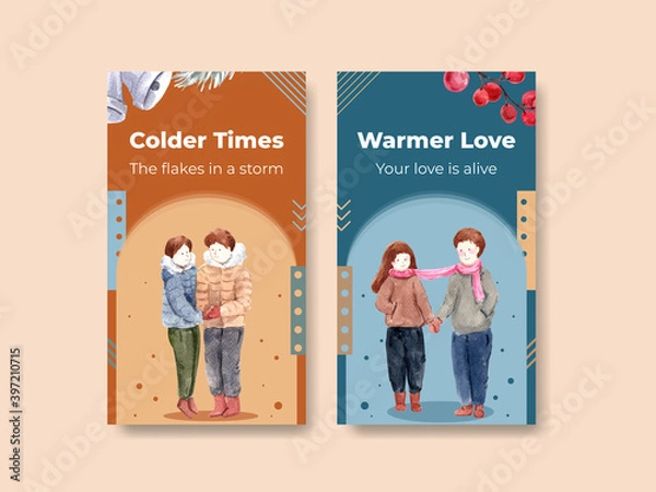 Fototapeta Instagram template with winter love concept design for social media and internet watercolor vector illustration