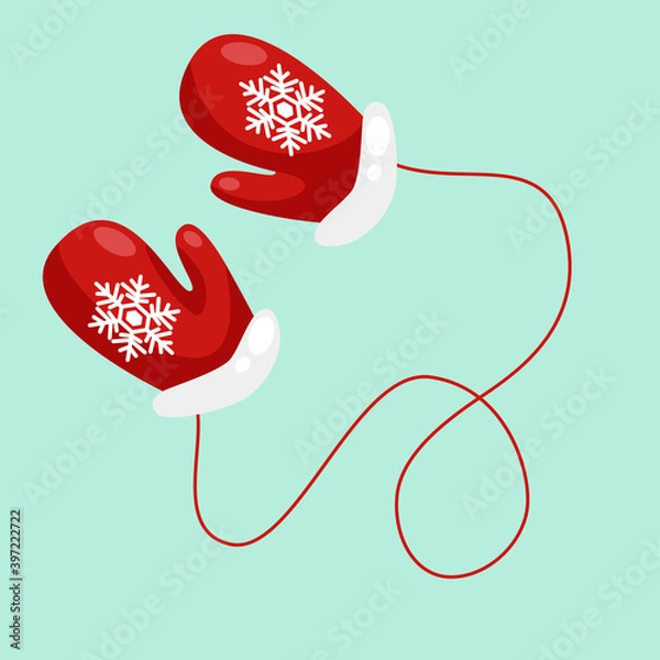 Obraz Red mittens with snowflakes isolated on a blue background.  Colored mitten. Snowflake icon. Vector illustration.